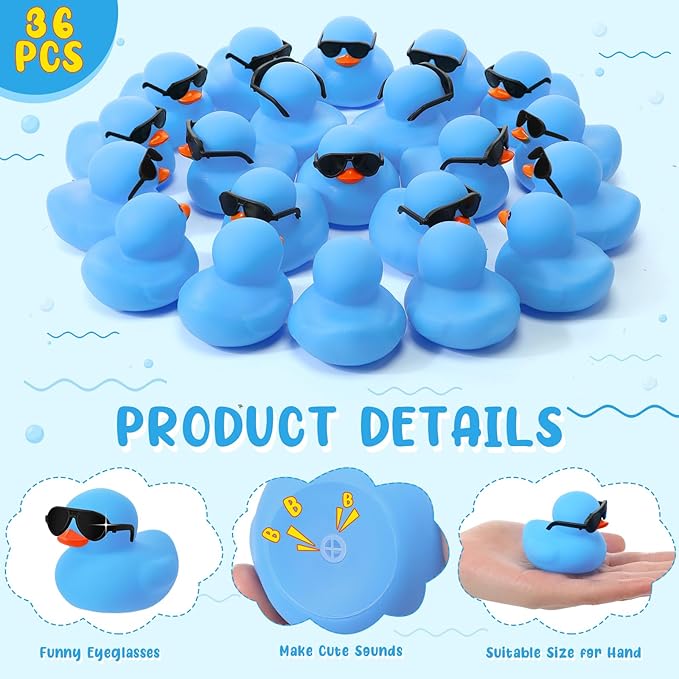 Sosation 36 Packs Mini Rubber Ducks with Sunglasses Sets 2.2 Inch Bath Squeaky Rubber Duckies Cute Float Bathtub Toys for Christmas Birthday Party Favors Class Prizes Car Decor(Blue)