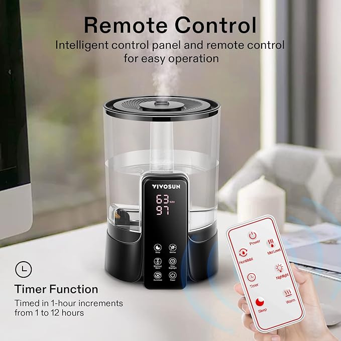 VIVOSUN 6L 2-in-1 Cool & Warm Mist Ultrasonic Humidifier with Essential Oil Box & Remote Control for Bedrooms, Offices, Plants, Dryness, and Skincare