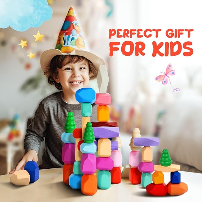 Wooden Stacking Rocks - 40 Pcs Montessori Sensory Learning Toys for Kids 3-9 | Balance Building Blocks Educational STEM Toys for Boys Girls