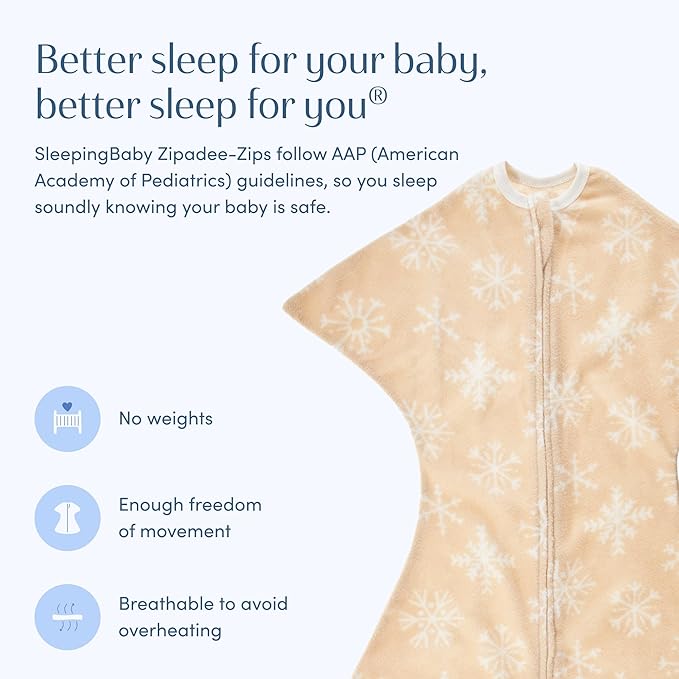 SleepingBaby Zipadee-Zip Transition Swaddle - Cozy Fleece Wearable Blanket with Two-Way Zipper for Baby Sleep - Snowflakes, X-Small (3-6 Month)