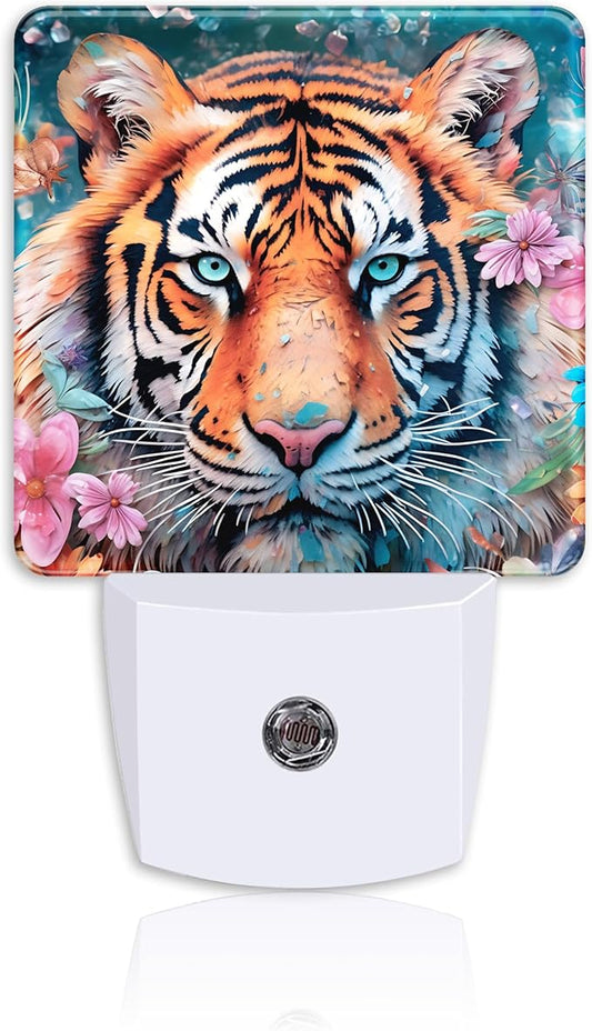 Watercolor Tiger Surrounded by Flowers Night Light Plug Wall,LED Night Lights with Dusk to Dawn Light Sensor for Women Girls Boys Room Decor,Hallway,Kitchen,Bathroom,Nursery,Stairs