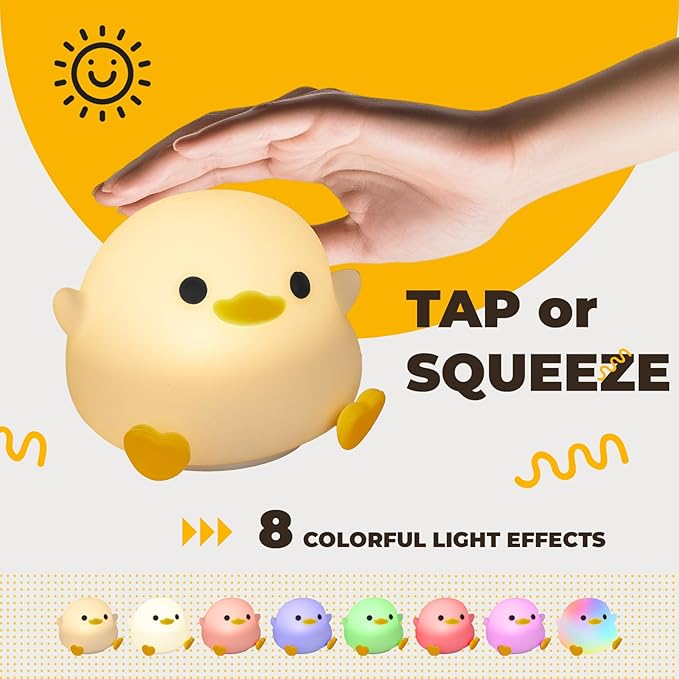 LED Squishy Animal Night Light - 2 Level Dimmable Nursery Lamp for Kids, Rechargeable Touch Lamp, Cute Dorm Decor - Perfect Baby Boys Girls Gift (Pea Duck)