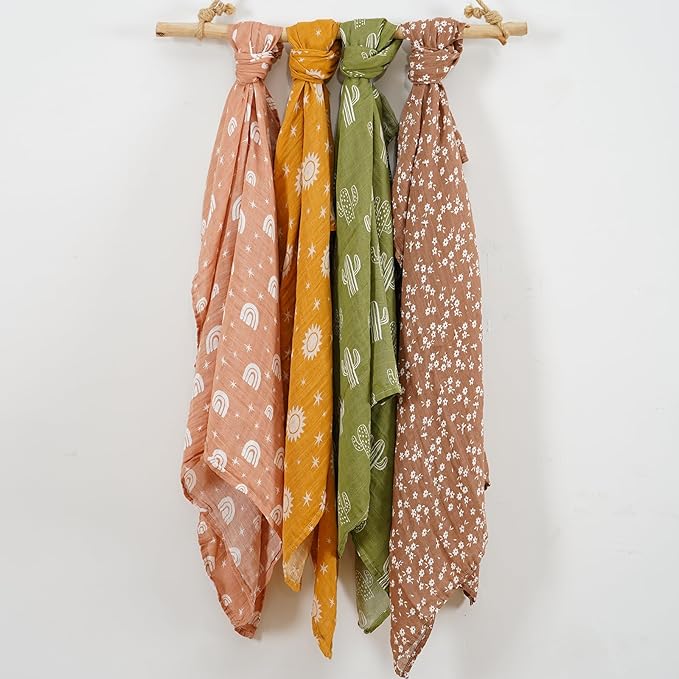4 Set Muslin Swaddle Blankets for Newborn Baby Boys, Girls,Receiving Blankets-Cute Soft Print Baby Towel Wrap 120x110cm Baby(Cactus)