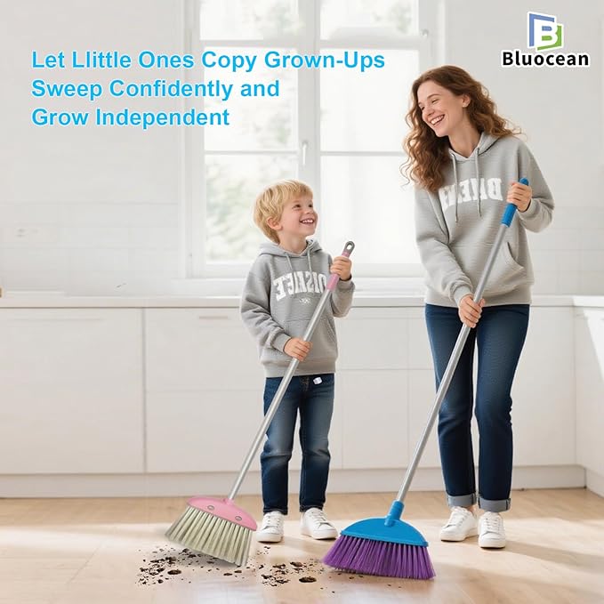 28′′ Mini Broom and Dustpan Set for Kids-Ideal Kids' Toys as Gifts, Parent-Child Interactive Cleaning Tool, Cute Cartoon Design, Household Helper for Toddlers, Small Safe Corner Broom(Pink Puff)