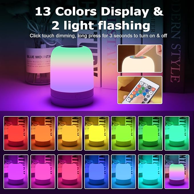 Small Nursery Night Light for Kids,13 Colors Dimmable Night Lamp for Bedroom, Portable Stepless Dimming Nursery Lamp,Color Changing LED Touch Nursery Lamp for Children,Rechargeable Toddler Night Light