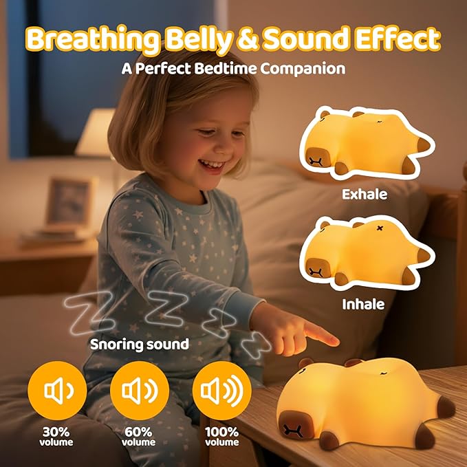Mewaii Snoring Sound Capybara Night Light for Kids -Silicone Breathing Capybara Gifts Lamp with 3-Level Dimming, Cute Light Rechargeable Cuddly Bedtime Companion for Nursery, Baby Toys& Room Decor