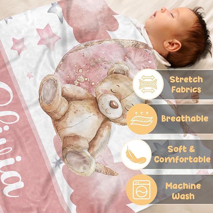 Personalized Baby Blanket – Custom Name Blankets for Newborns Boys Girls, Double Layer Dotted Backing, Pink Bear Flannel Receiving Swaddle, Sweet Custom Baby Gifts for Shower Birthday(30"x40")