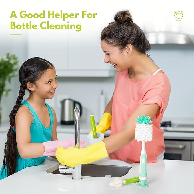 Baby Bottle Brush Set with Nylon Nipple Cleaner, Sponge & Straw Brushes (Blue)