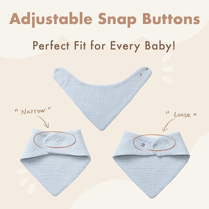 Baby Bibs 8-Pack - Adjustable Cotton Drool Bibs, Waterproof & Absorbent for Newborn to Toddler, Unisex Boys & Girls