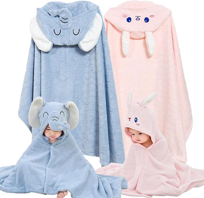 Hooded Baby Towels 2 Pack Coral Fleece, Luxuriously Thick Hooded Towels Soft Shower Bath Towel for Newborn, Infant, Toddler (Blue & Pink)