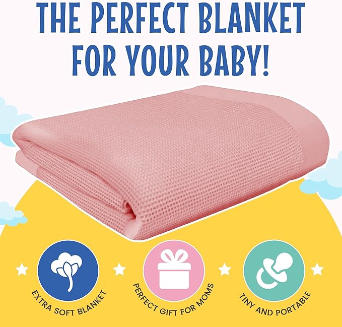 Thermal Waffle Knit Baby Blanket - Soft Breathable Mini Blanket for Newborns and Infants - Toddler Blankey for Strollers, Travel, Naptime, Nursery and More - 18" x 20" (Pink, Satin Trim)