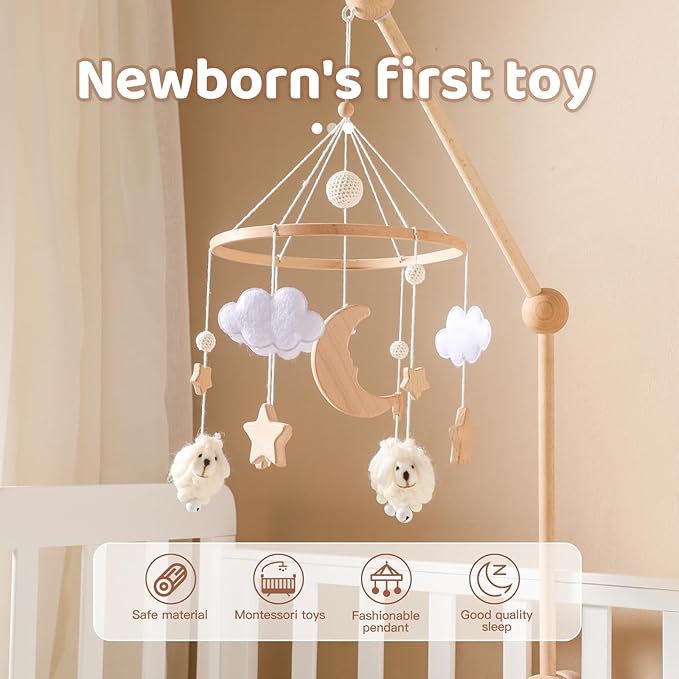 Baby Mobile for Crib, Montessori Baby Crib Mobile for Boys Girls for Bassinet, Nursery Decor for Infant Bedroom Hanging, Baby Mobile Soothe Toys -Gender Neutral Baby Gift (Beige)