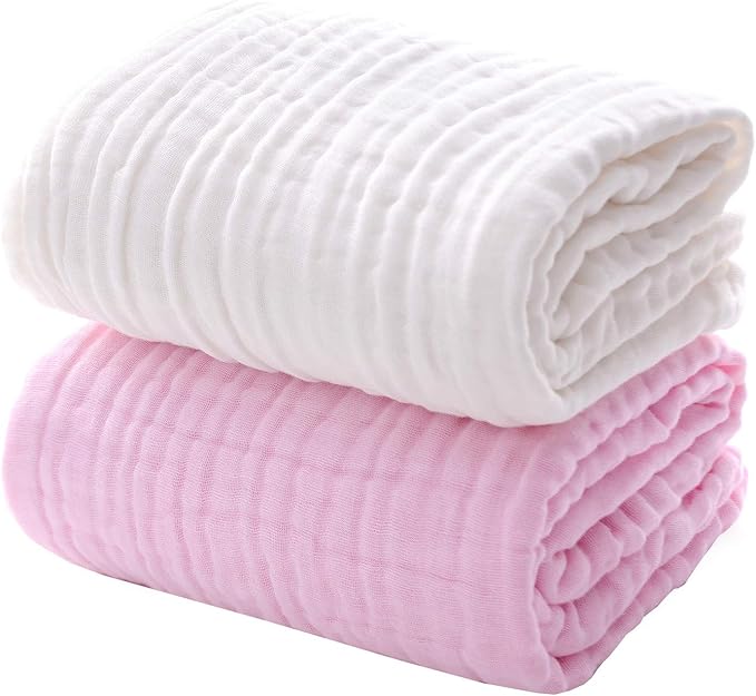 MUKIN Baby Bath Towels, Super Soft Cotton Receiving Blanket for Baby's Delicate Skin,2Pack Swaddle Blanket for Newborns Toddlers Boy Girl,Baby Registry as Shower (White+Pink)