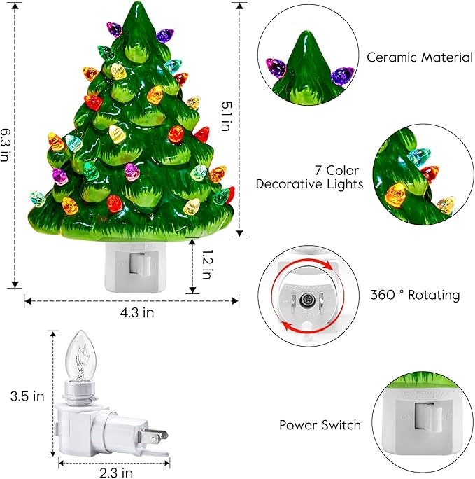 Brightown Ceramic Christmas Tree Night Light - 2 Pack 6" Christmas Decorative Ceramic Tree with ON/Off Switch, Vintage Christmas Night Light for Bedroom Bathroom Porch Holiday Decor
