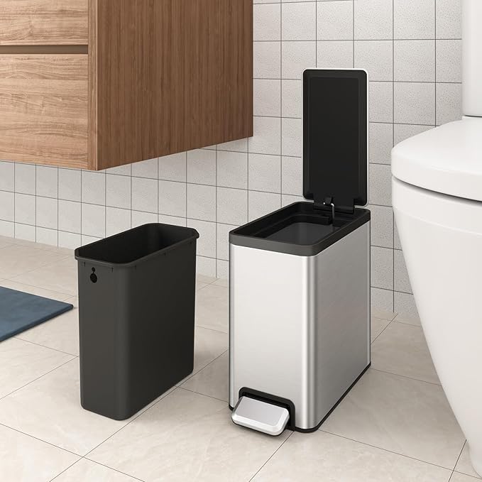 EKO Slim Small Bathroom Trash Can with Lid, Stainless Steel Kitchen Garbage Can with Removable Inner Bucket, 6L / 1.6 Gal 2 Pack Step On Trash Can Combo