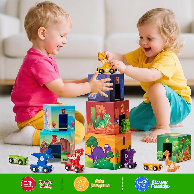 Atoylink Toddler Dinosaur Sorting and Stacking Toys with Magnetic Wooden Dinosaur Train Set, Baby Number Blocks Nesting Boxes Preschool Learning Montessori Toys for 1 2 3 Year Old Boys Girls Gift