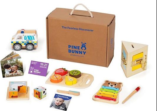 Pine Bunny Montessori Wooden 10-in-1 Toy Set for 19+ Months, Police Car, Triangular Lockbox, Cutting Fruits, Farm Cube Puzzle, Bear Xylophone, Educational Learning Problem Solving Music Toddler Toys