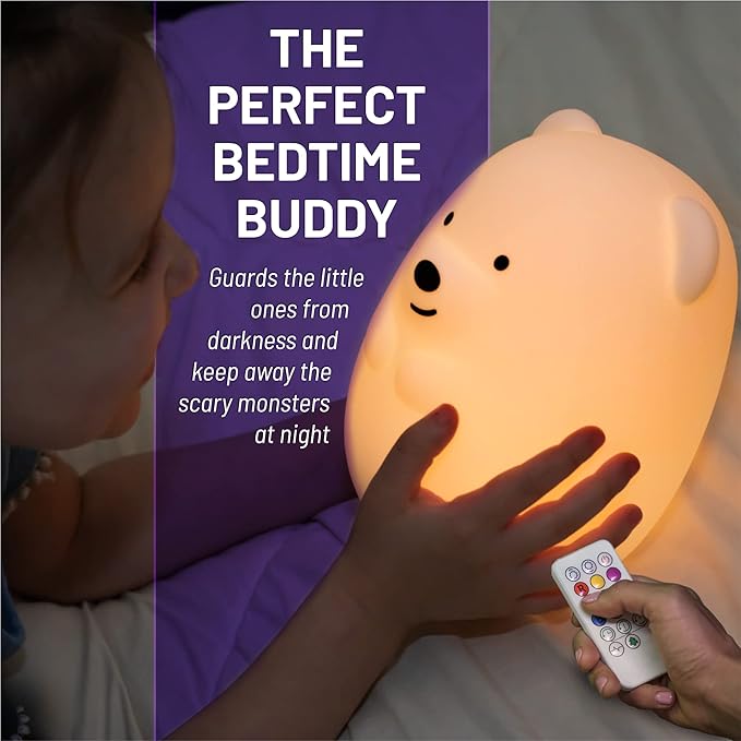 Lumipets Remote Control Silicone Night Light for Kids - Bear Design with 9 Soft Colors & Sleep Timer - Rechargeable, Battery-Operated Lamp for Bedroom | Baby Nursery, Toddler, Girls, Boys