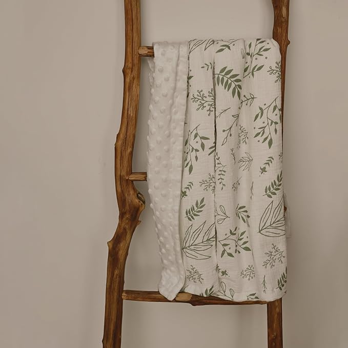 GLLQUEN BABY Blankets for Unisex Boys Girls, Muslin Cotton Front Soft and Breathable, and Dotted Fleece Backing, Printed Bed Nursery Minky Blankets for Toddler Newborn, Greenery, 30 x 40 inches