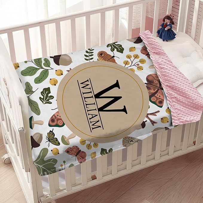 Personalized Baby Blanket, Customized Newborn Blankets with Name, Soft Receiving Blanket for Boy Girl, Green Mushroom Double Layer Dotted Swaddle, Nursery Toddler (30"x40")