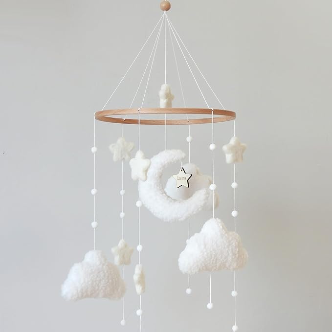 Boho Cloud Moon Crib Mobile Boho Baby Mobile for Crib Neutral Clouds, Moon & Stars Design Nursery Mobile for Boys & Girls