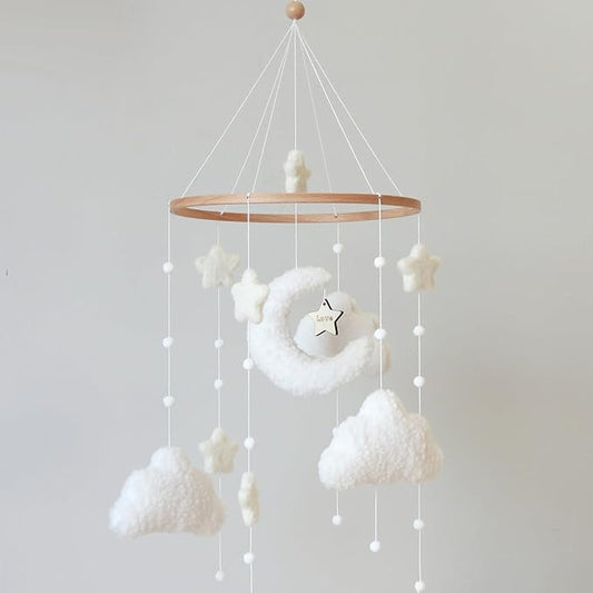 Boho Cloud Moon Crib Mobile Boho Baby Mobile for Crib Neutral Clouds, Moon & Stars Design Nursery Mobile for Boys & Girls