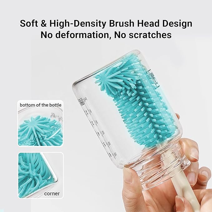 Baby Bottle Brush Cleaner Set - 7 in 1 Travel Bottle Cleaning Brush Kit with Silicone Bottle Brush, Nipple Brush, Soap Dispenser, Portable Drying Rack, Breast Pump & Bottle Cleaning Kit - Lake Green