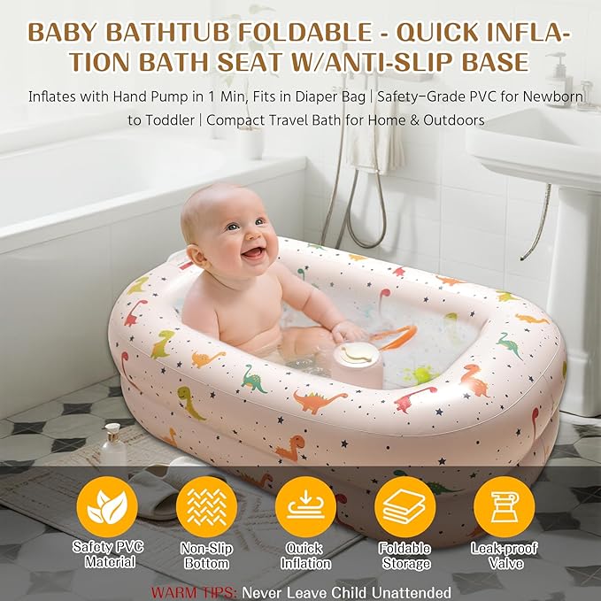 Inflatable Baby Bathtub Built-in Air Pump, Portable Travel Baby Bath Tub, Blow up Toddler Pool Seats for Babies Sitting up, Foldable Bathing Infant Shower Basin for Newborn 3 Months and up (Dinosaur)
