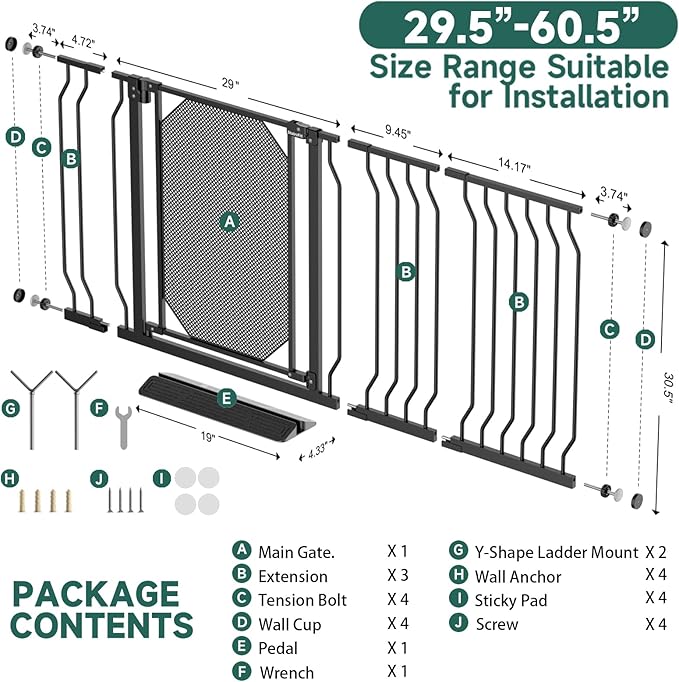 29.5"-60.5" Extra Wide Metal Baby Gate for Stairs & Doorways - Auto Close, Pressure Mounted 30.5" Tall, Easy Install, No Drilling - Child Satety Gate for Babies, Pet Gate for Dogs, Black