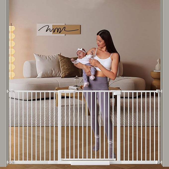 DEARBB Extra Wide Baby Gate Ultra Narrow Spacing 30.11-77.36" Pressure Mounted Double Lock Swing Auto Close Walk Through Metal Safety Pet Gate for Stairs and House Doorway Kitchen