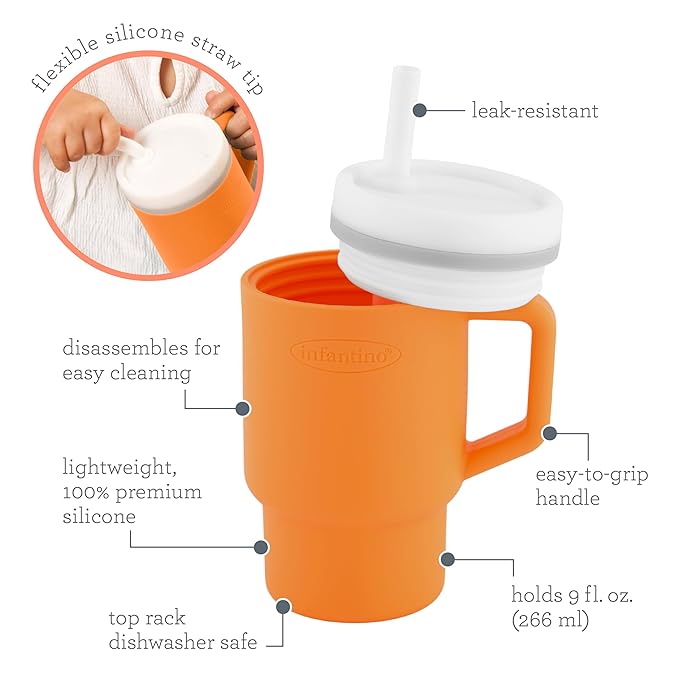Infantino My 1st Tumbler, Silicone Sippy Cup with Straw & Handle, Spill-Resistant Baby Cup for On-the-Go, BPA-Free Transition Bottle, Creamsicle