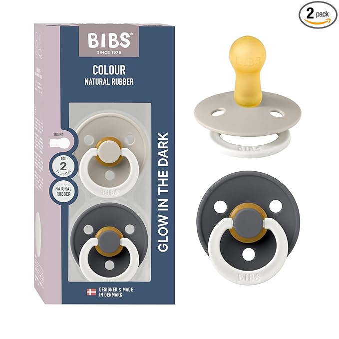 BIBS Colour Night Glow in The Dark Soother 2-Pack, BPA Free Dummy Pacifier, Round Nipple. Natural Rubber Latex, Made in Denmark, Size 2 (6-18 Months), Sand Glow/Iron Glow