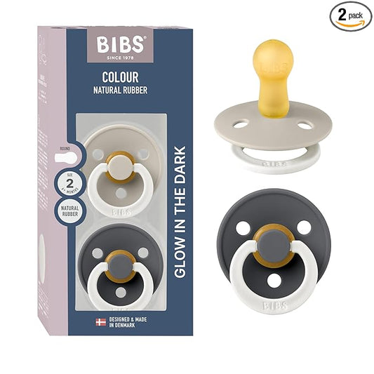 BIBS Colour Night Glow in The Dark Soother 2-Pack, BPA Free Dummy Pacifier, Round Nipple. Natural Rubber Latex, Made in Denmark, Size 2 (6-18 Months), Sand Glow/Iron Glow