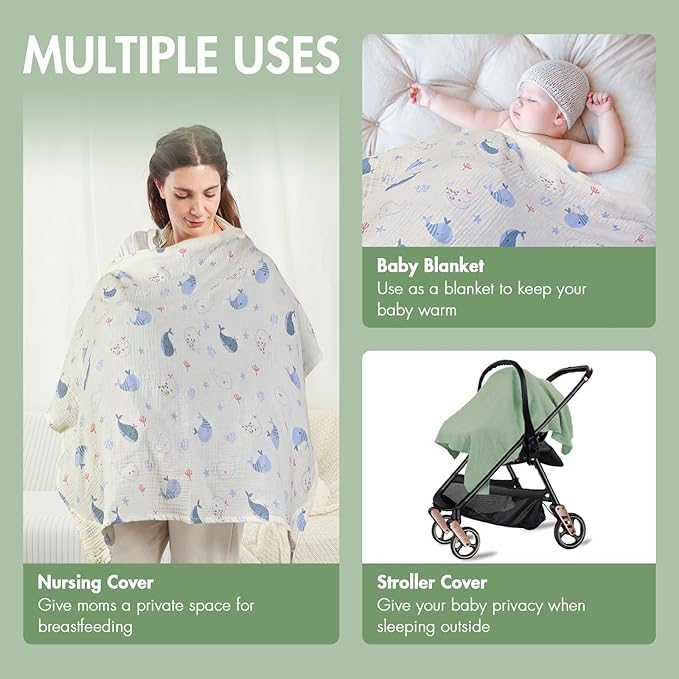 2-Pack Nursing Cover for Baby Breastfeeding - Muslin Breastfeeding Covers for Women Nursing, Breathable, Soft Arch Neckline, Green & Whale
