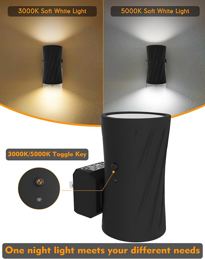 LED Plug in Night Light, Night Lights Plug into Wall with Light Sensor, 3000K/5000K Light Switch, 0-100LM Adjustable Brightness Wall Light, Dimmable Night Light for Hallway Bedroom Stairway, 2 Pack