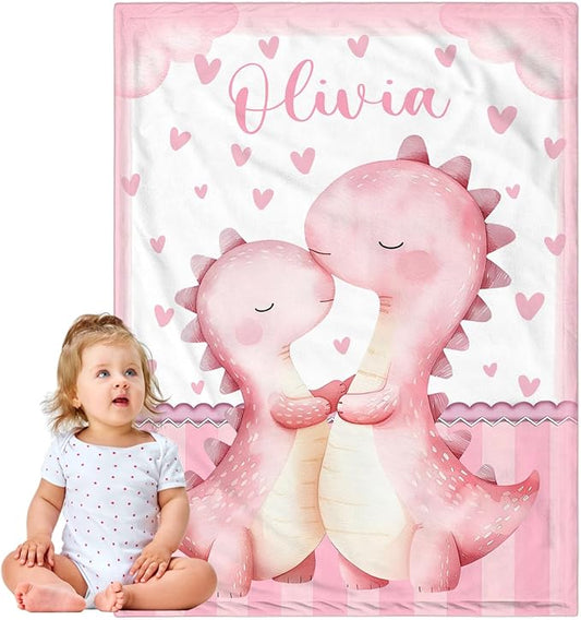 Personalized Baby Blanket for Girls, Custom Baby Blanket with Name, Soft Cozy Personalized Name Blankets for Kids, Customized Dinosaur Blanket for Infant Toddler Birthday Christmas