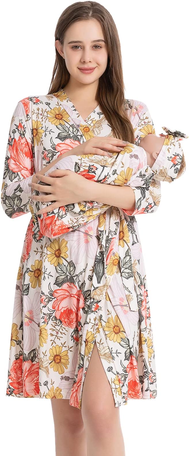 Galabloomer Maternity Robe and Baby Receiving Blanket, Matching Mommy Labor Delivery Robe and Swaddle Set Garden Flower