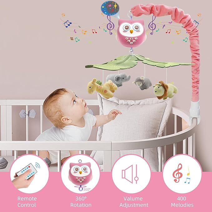 YUNGCHI Baby Crib Mobile with Music and Lights for Boys Musical Mobile Safari Animals for Girl Crib Bassinet Toys Hanging Portable Baby Mobile for Pack and Play Pink