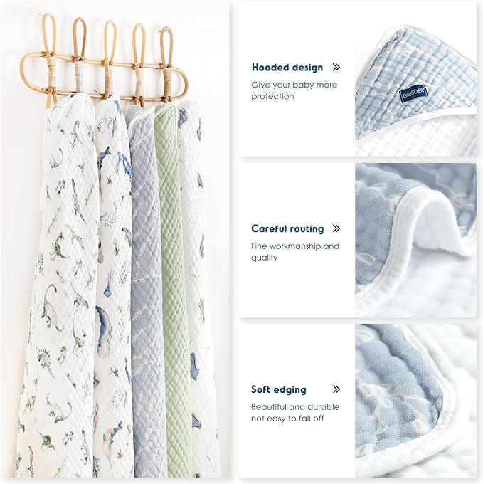 GRSSDER Ultra Soft Absorbent Muslin Cotton Baby Hooded Towel 2 Pack with Original Patterns, Extra Large Size 35"x 35" Swaddle Wrap for Newborn Infant and Toddler
