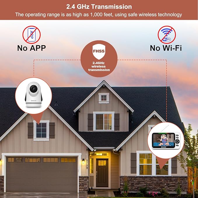 OKAIDI Video Baby Monitor with Camera and Audio, 5" Display Baby Monitor No WiFi, 30H Battery and 1000ft Range, Remote Pan-Tilt-Zoom Baby Camera, Night Vision, 2-Way Talk, ECO, Temperature, Lullaby