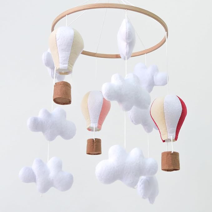 Hot Air Balloon Mobile for Crib, Pink Baby Girl Crib Mobile for Girls, Cloud Mobile for Crib, Boho Nursery Mobile for Bassinet