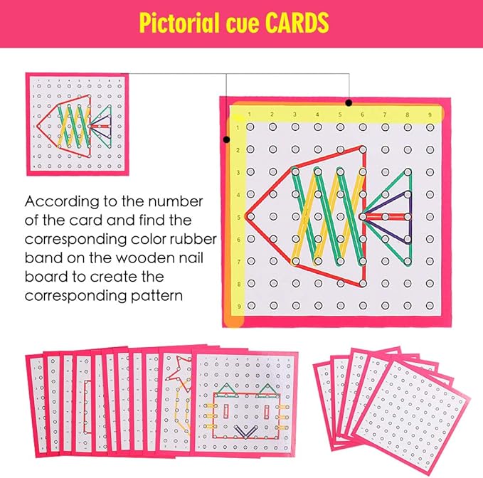 Skrtuan Wooden Geoboard with Pattern Cards & Rubber Bands, Montessori STEM Educational Toy for Kids 3-5 5-8 Years Old, Brain Teaser Puzzle Game for Geometry Learning and Creative Shapes