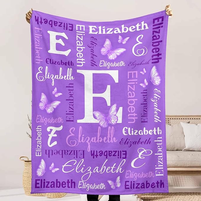 Personalized Toddler Blanket with Name for Girls Boys, Custom Baby Name Blanket Purple Butterfly Pattern, Soft Nursery Blanket for Baby Shower, Easter, Christmas, Birthday Newborn & Toddler Gifts