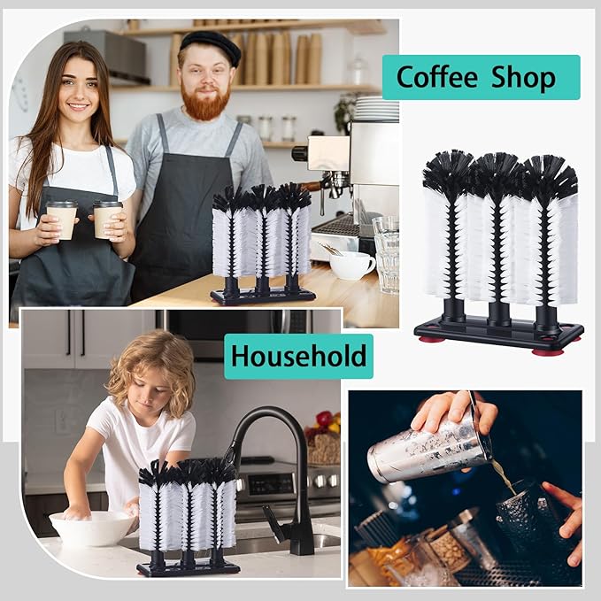 Havawish 2 Pack Water Bottle Cleaning Brush with Suction Base, 3 Head Bristle Bar Glass Washer for Sink, Cup Washer Brush Cleaner for Bar Beer Cup, Wine Glass (7.3 x 3.7 x 10.4)
