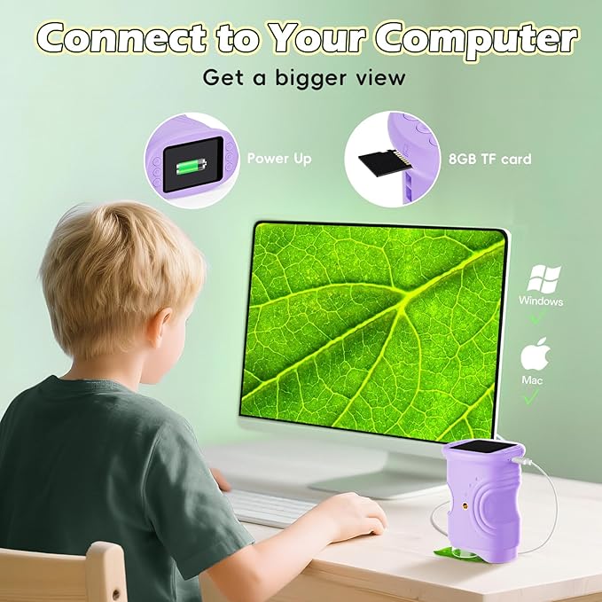 Kids Digital Microscope 1000X Zoom, Mini Pocket Handheld Microscope with Camera/Video/Telescope Function, Portable Outdoor Travel Toys for Boys Girls 3-8 Years STEM Gifts, 8GB SD Card Included