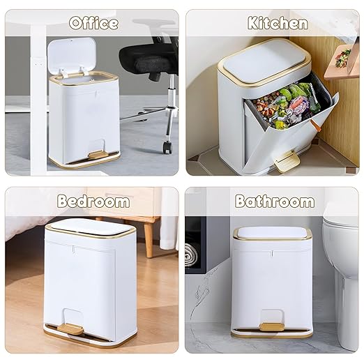 Bathroom Trash Can with Lid, 3 Gallon Gold Garbage Can, Small Trash Bin with Press top Lid and Pedal, Narrow White TrashCan Waste Basket for Bedroom, Living Room,Office,Plastic Dog Proof Trash Can