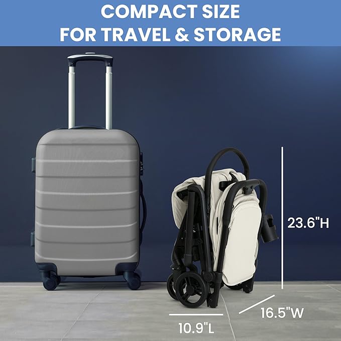 Delta Children Icon Ultra Compact Lightweight Everyday & Travel Stroller - One-Hand Fold - Only 15.6 Pounds - Fits in Overhead Compartments - Greenguard Gold Certified - Multi-Position Recline, Cream