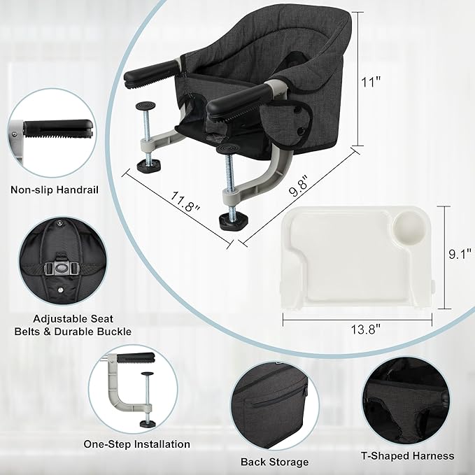 Hook On High Chair, Jozzve Clip on High Chair with Removable Dining Tray for Babies and Toddlers, Fold-Flat Storage Portable Baby Feeding Seat, Attach to Fast Table Chair for Home Travel (Bright Blue)