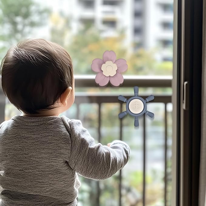 Suction Cup Spinner Toys | Baby Bath Toys for Kids Ages 1-3 | Suction Toys, Baby Toys, Sensory Toys for Car Travel, Table, Highchair, Window, Bathtub (Sand+Cream)