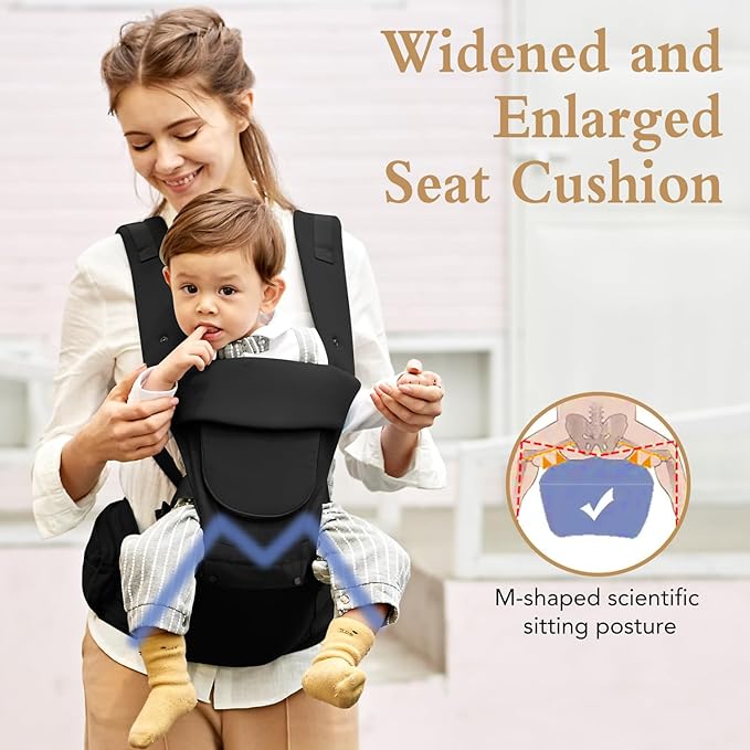 Baby Carrier Newborn to Toddler,Baby Carrier with Hip Seat,Ergonomic, Safety-Certified Baby Hip Carrier with Foldable Neck Support Pod,12 in 1 Baby Holder Carrier with Adjustable Waist Belt-Black